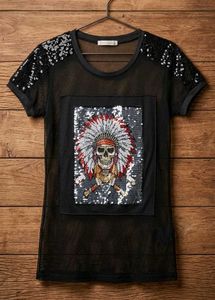 Black Mesh Goth Sequin Graphic Top
