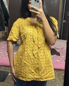 Yellow Eyelet Tie-Neck Top