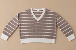 TAUPE &amp; CREAM STRIPED V-NECK SWEATER