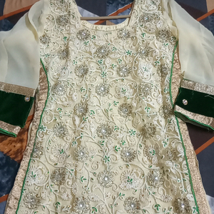 party wear kurti for mehendi functions, beautiful work &amp; off white with green colour combination