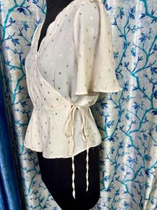 Chic Cream Polka Dot Wrap Top Scallop hem