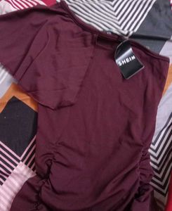 XS size Burgundy One-Shoulder ruffle Bodycon Dress