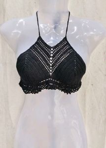 Black Crochet Halter Bikini Top