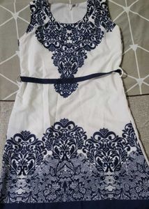Elegant White & Navy Embroidered Dress