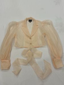 designer Sheer Puff Sleeve Cropped Blazer Top