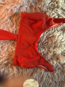 Red Ribbed Bikini Top with Tie