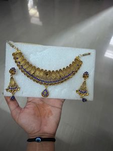 Antique Gold & Royal Blue Choker Necklace Set with
