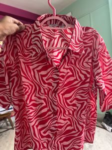 Vibrant Red Zebra Print Button-Up Shirt