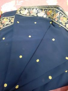 Navy Blue Saree with Embroidered Border