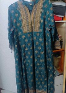 Teal &amp; Gold Printed Kurta with leggings