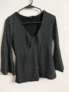 Chic Polka Dot Bell Sleeve Tie-Front Top