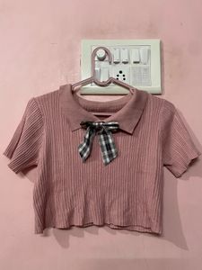 Cute Pink Babydoll Collared Bow Top