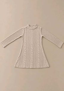 CREAM CABLE KNIT HIGH NECK FLARED SWEATER DRESS