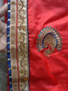 Red Saree with Peacock Embroidery