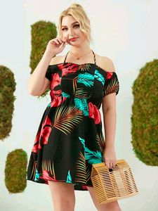 3129. Tropical Print Off-Shoulder Mini Dress