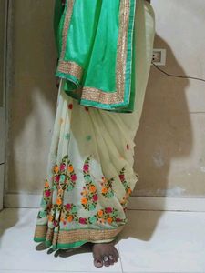 Cream Saree with Embroidered Floral Border