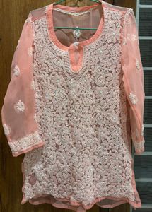 Peach Chikankari Short Kurti