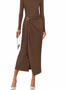 Chic Brown Mock Neck Midi Dress