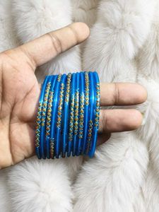 Vibrant Blue glass Bangles with Gold Detail