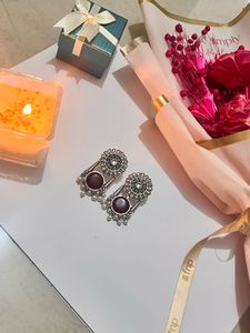 Ethnic Oxidized Silver Earrings with Maroon Stones