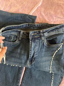 Embellished Wide Leg Denim Jeans
