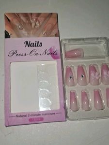 Press-On Nails - Pink Ombre with Gems &amp; Flowers
