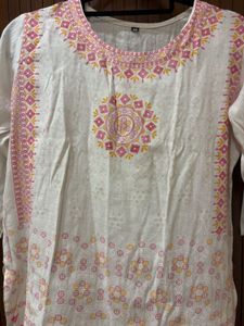 White Kurta with Pink &amp; Yellow Print