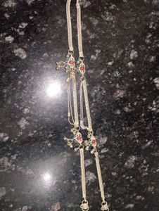 Elegant Silver Anklets with Red and Green Stones