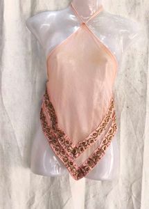 Sheer Pink Beaded Halter Top
