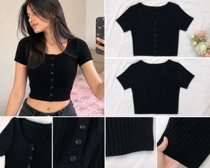 Black Ribbed Button-Up Cropped Top