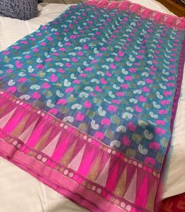 Beautiful Blue & Pink Saree with Blouse piece atta
