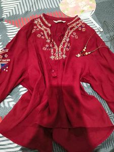 Chinese Embroidered Red Kurta Top