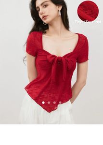 Chic Red Textured Square Neck Tie-Front Top