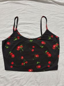 Cherry Print Black Crop Top
