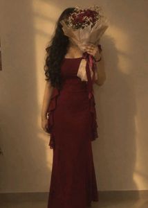 Elegant Maroon Gown with Ruffles
