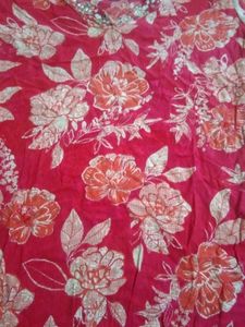 Red Floral Kurta with Embellished Neckline