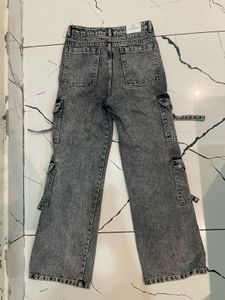 Women's Grey Acid Wash Cargo Jeans