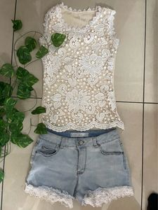 Mesh Lace Top And Shorts Set