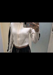 White Ribbed Zip-Up Sweater