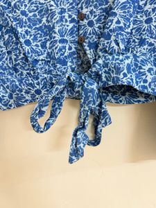 Blue Floral Tie-Front Cropped Blouse