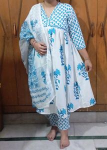 Blue Floral Print Kurta Set with Dupatta