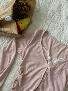Pink Lace Trimmed Button-Up Top