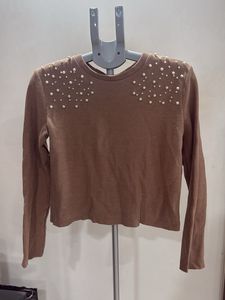 Brown Pearl Embellished Long Sleeve Top
