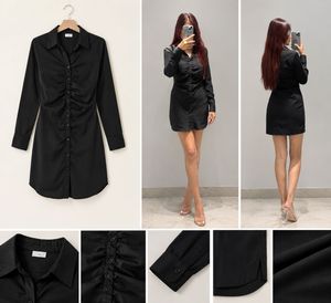 Chic Black Ruched Shirt Dress