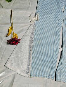 Women’s Blue White Striped Wide Leg Lace Jeans