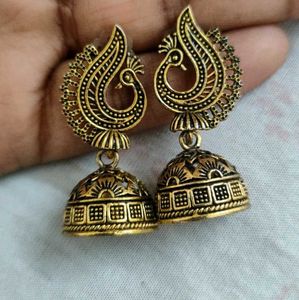 Antique Gold Peacock Jhumka Earrings