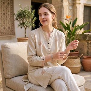Elegant Beige Embroidered Kurta Set