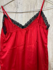Red Satin Chemise with Black Lace Trim