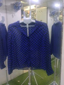 Blue Checkered Sheer Button-Up Shirt