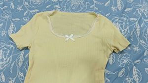 Cute Yellow Ribbed Top with Bow